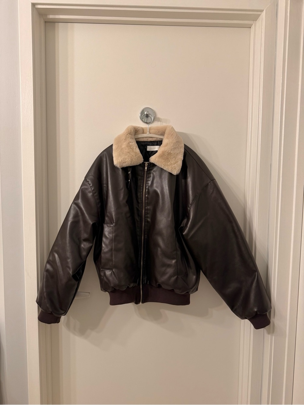 Brown Faux Leather Bomber Jacket with Shearling Collar